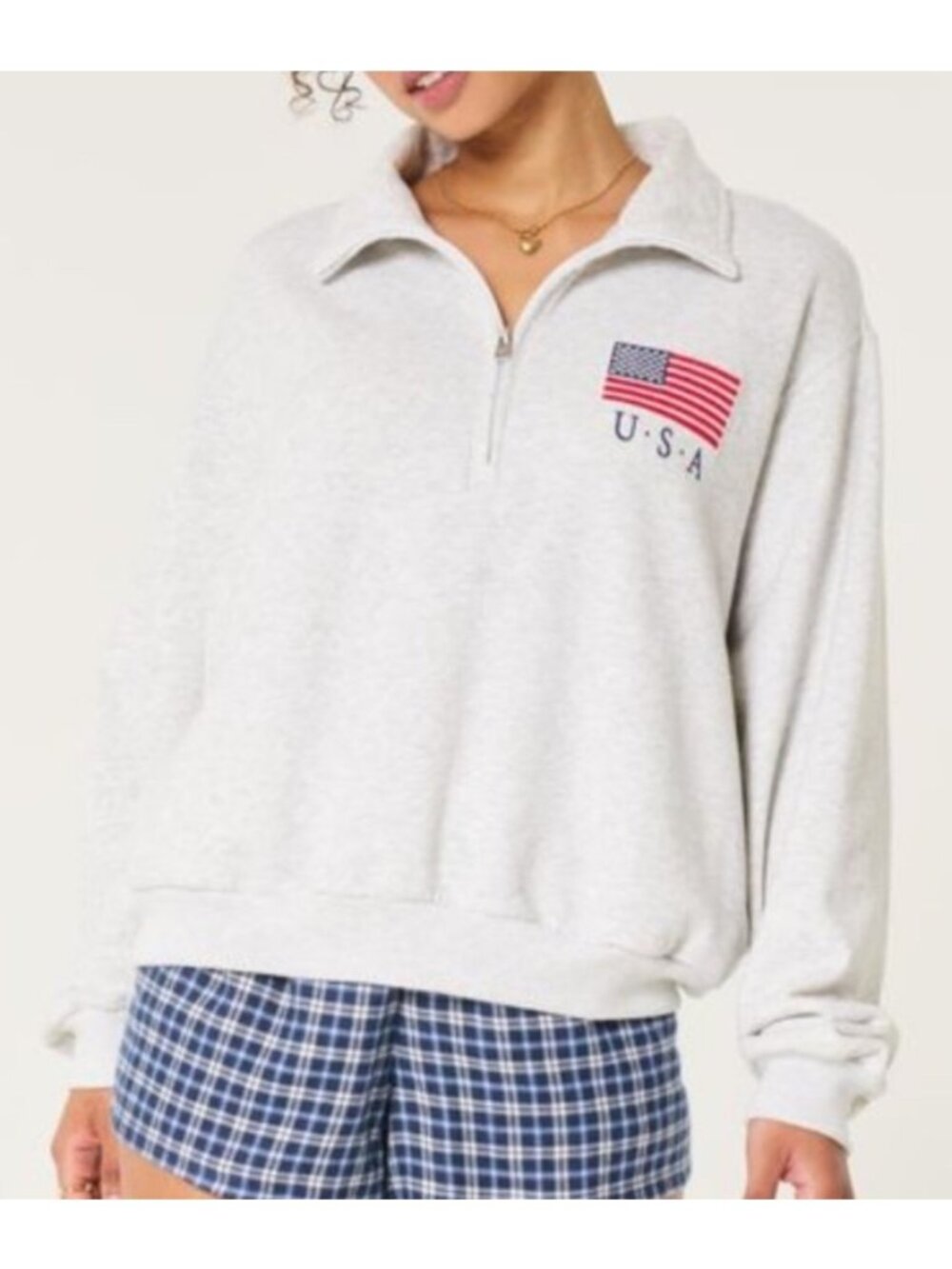 Hollister Women's Sz M USA Flag Embroidered Half-Zip Pullover Sweatshirt